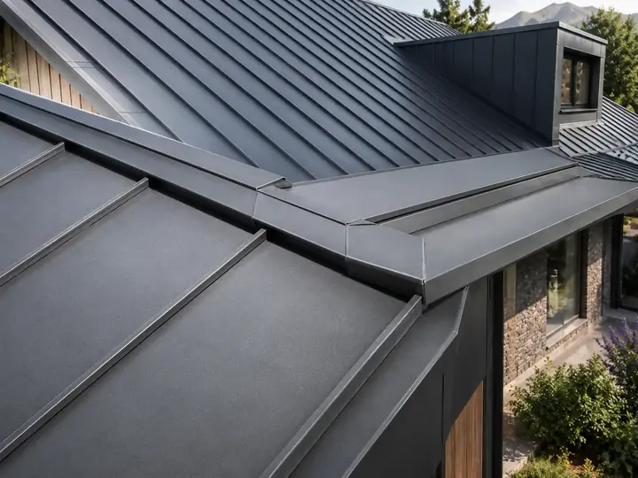 Ankara Metal Kenet Çatı Uygulama Görseli Ankara metal kenet çatı uygulaması, modern koyu renk kenet panel çatı görünümü